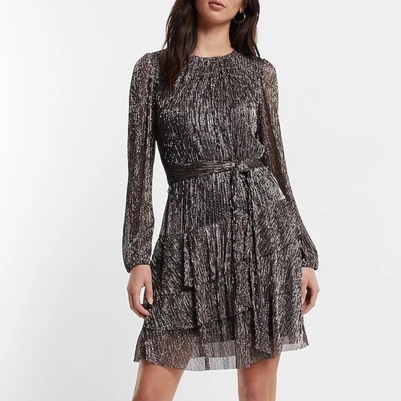 NEW Express Metallic Long Sleeve Tie Waist Tiered Ruffle Mini Dress 35277 - Picture 1 of 15